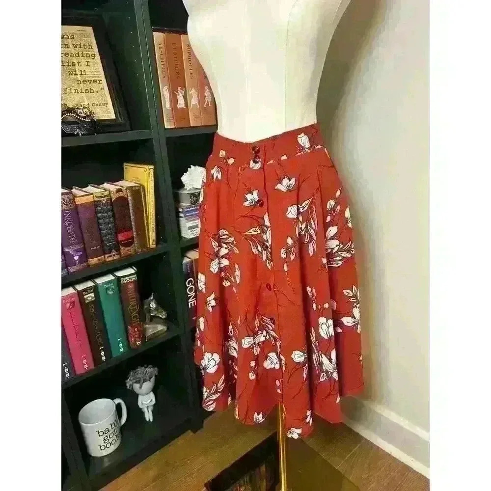 Lulu's Love Blooms Rust Red Floral Print Midi Skirt Size Small